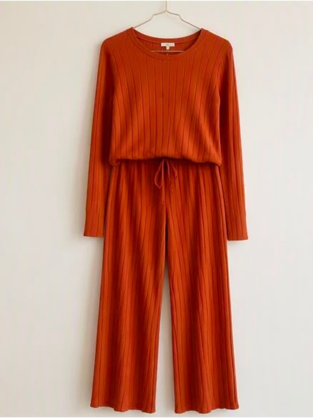 bp Ribbed Long-Sleeve Wide-Leg Jumpsuit in Rust Orange